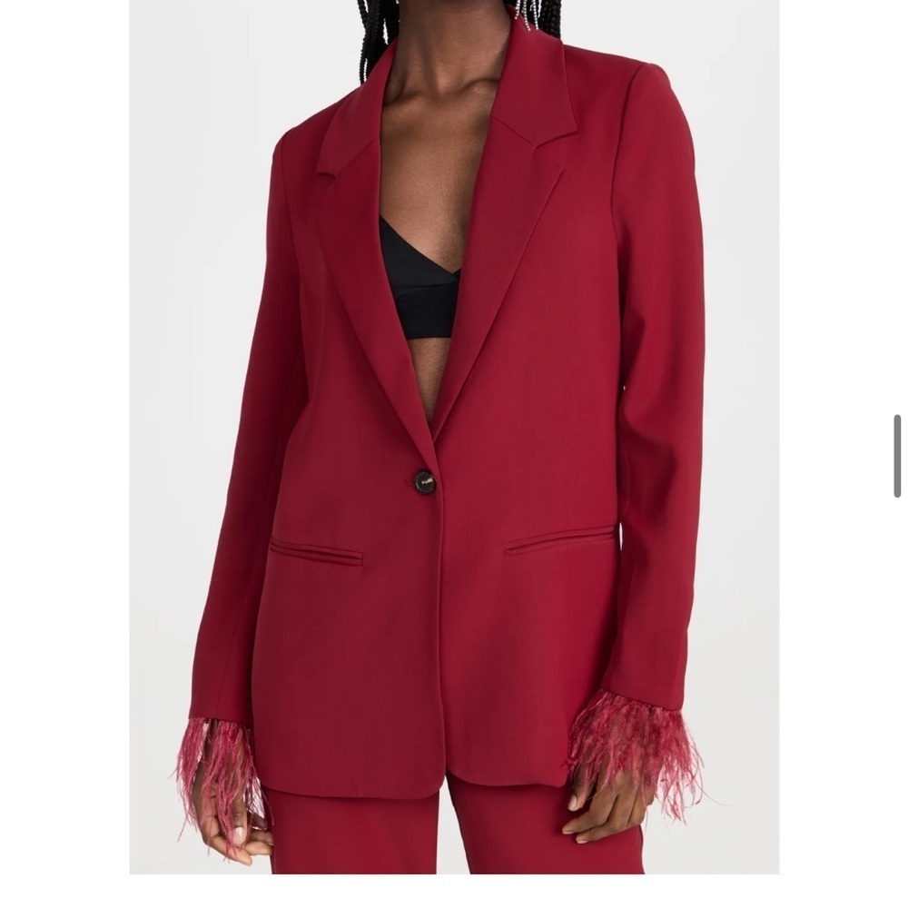 NWT WAYF Romee Deep Red Ostrich Feather blazer